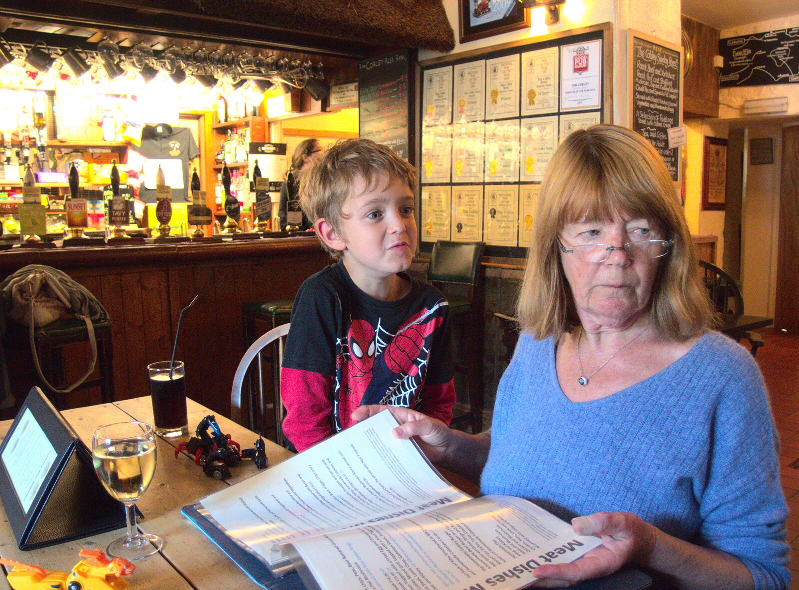 Fred and Mother do menus from The Tom Cobley and Castle Drogo, Spreyton and Drewsteignton, Devon - 11th August 2016