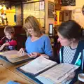 Isobel looks at menus too, The Tom Cobley and Castle Drogo, Spreyton and Drewsteignton, Devon - 11th August 2016