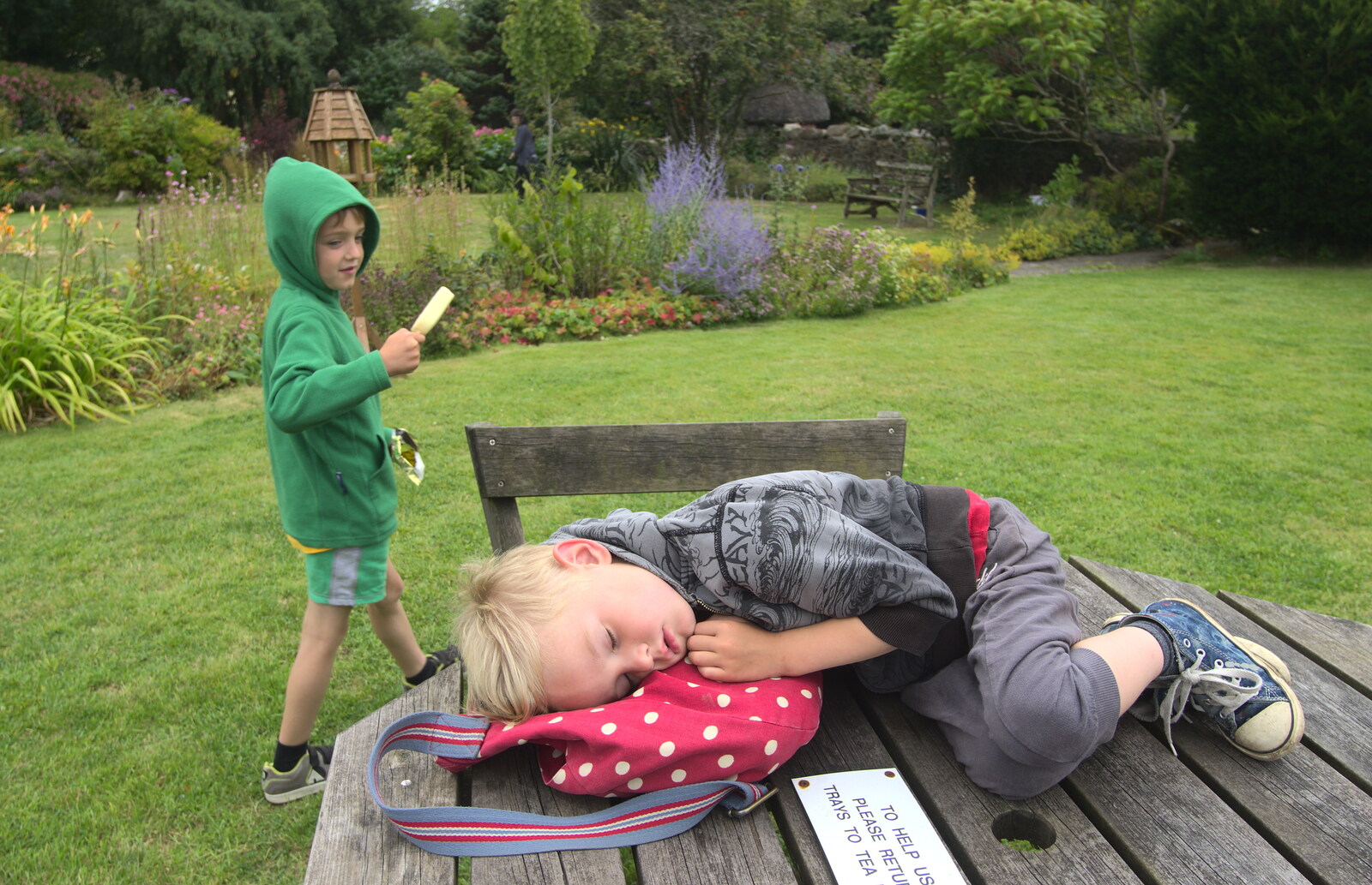 Harry takes a nap on a table from Finch's Foundry and Lydford Gorge, Dartmoor, Devon - 12th August 2016