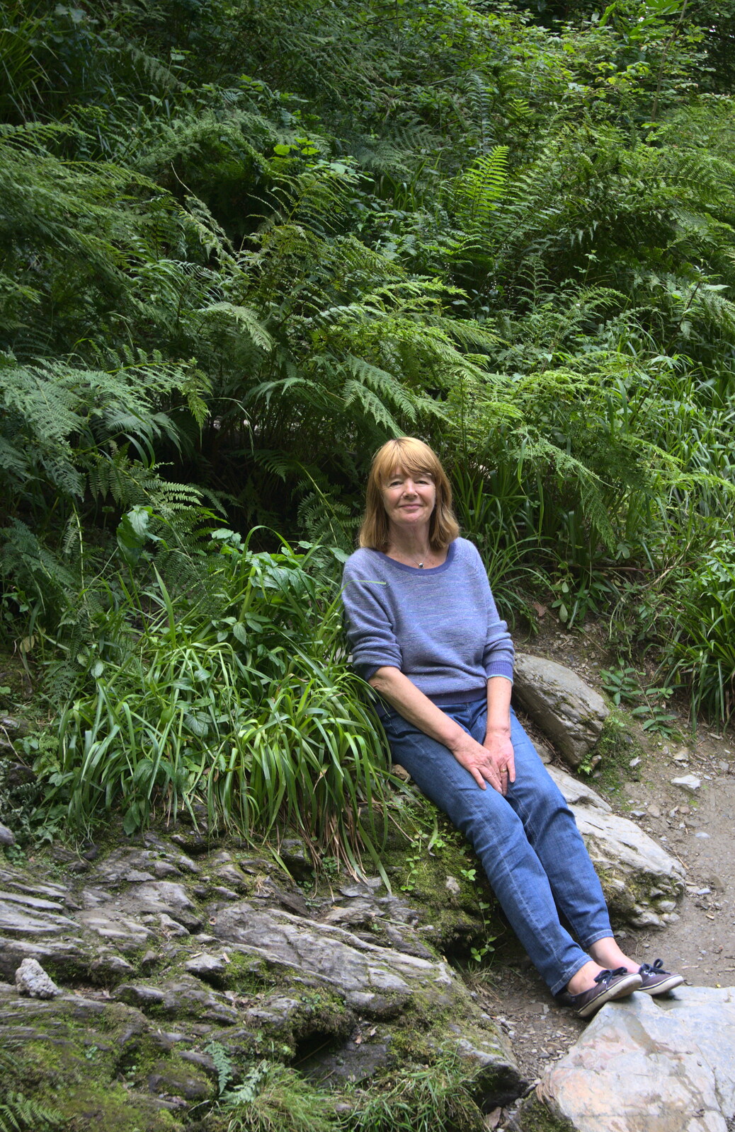 Mother sits on a rock from Finch's Foundry and Lydford Gorge, Dartmoor, Devon - 12th August 2016