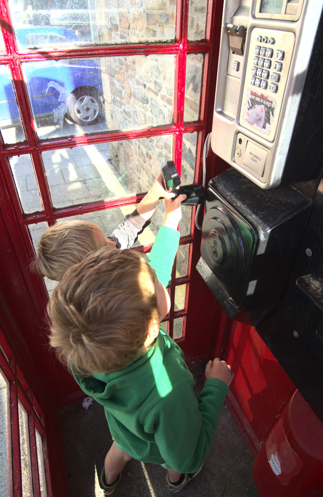 The boys discover the joys of a K6 phonebox from Finch's Foundry and Lydford Gorge, Dartmoor, Devon - 12th August 2016