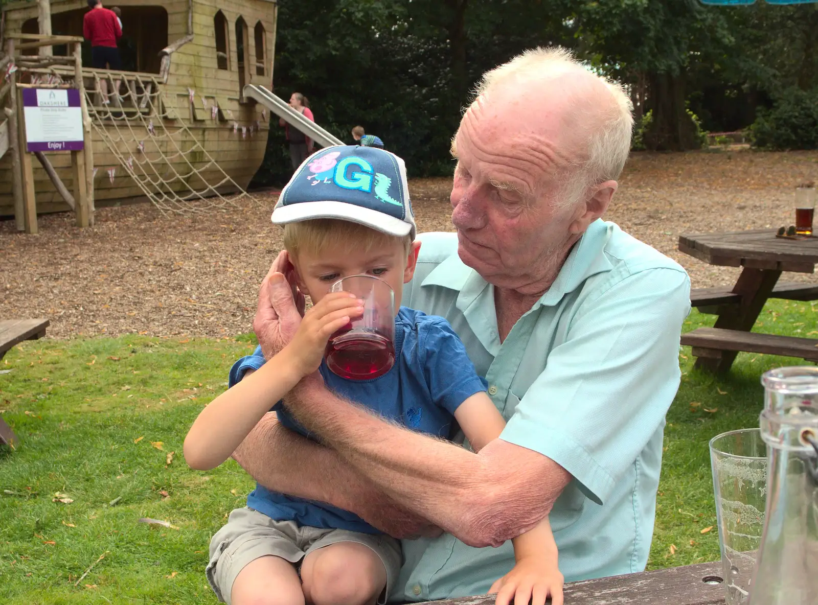 Grandad and Harry, who's got purple squash, from A Trip to the New Office, Paddington, London - 18th August 2016