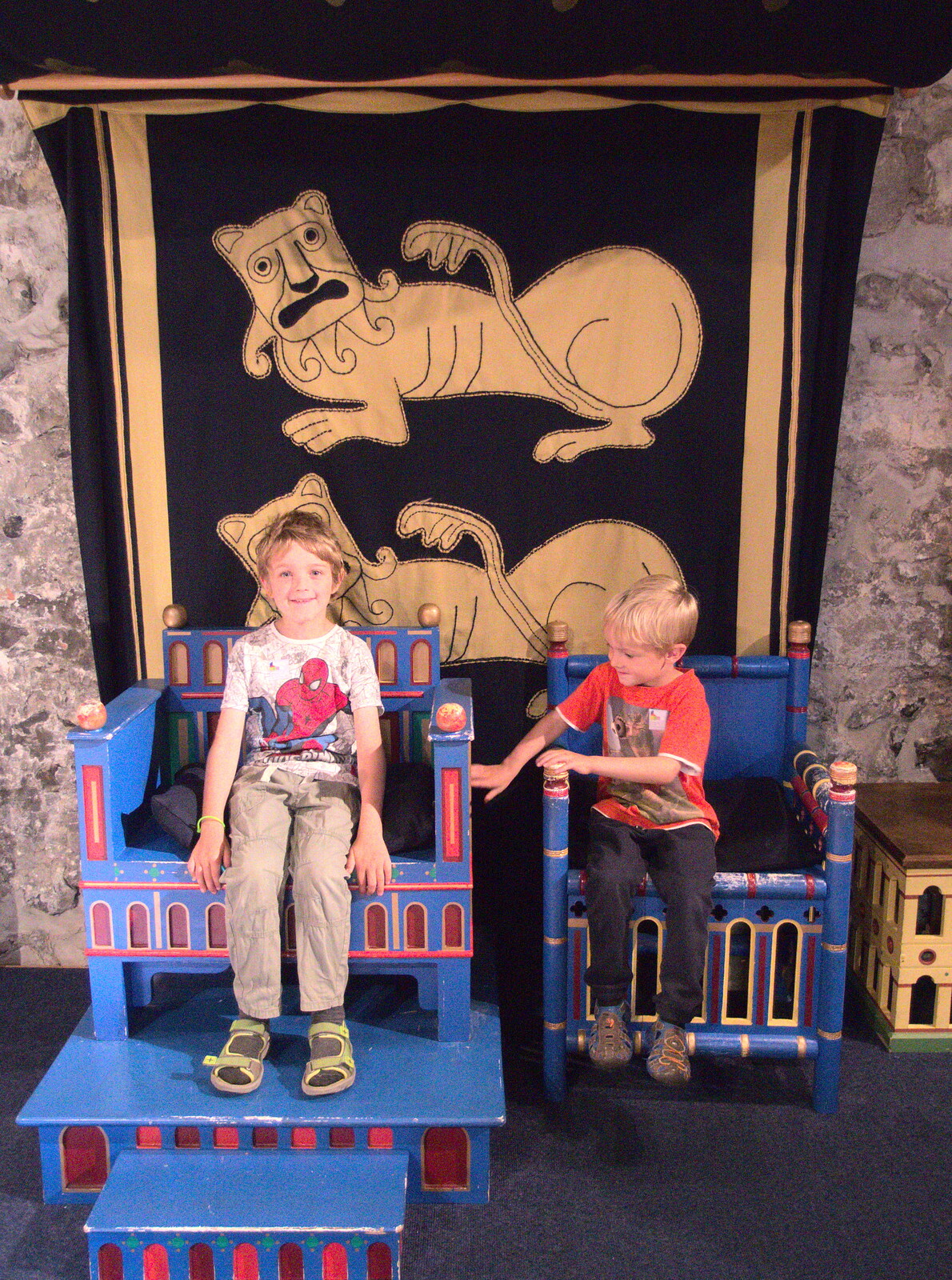 The boys sit on thrones from Swordfights at Norwich Castle, Norwich, Norfolk - 31st August 2016