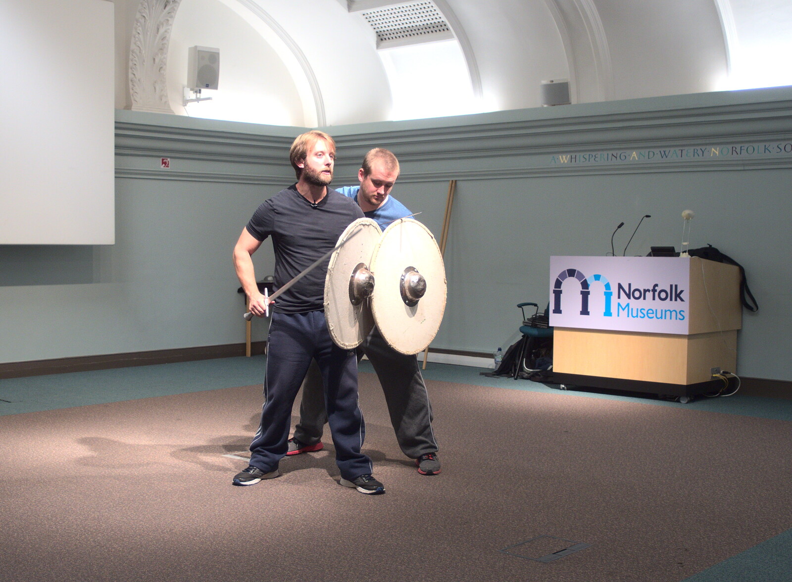 Swordfights at Norwich Castle, Norwich, Norfolk - 31st August 2016: The guys demonstrate shield techniques