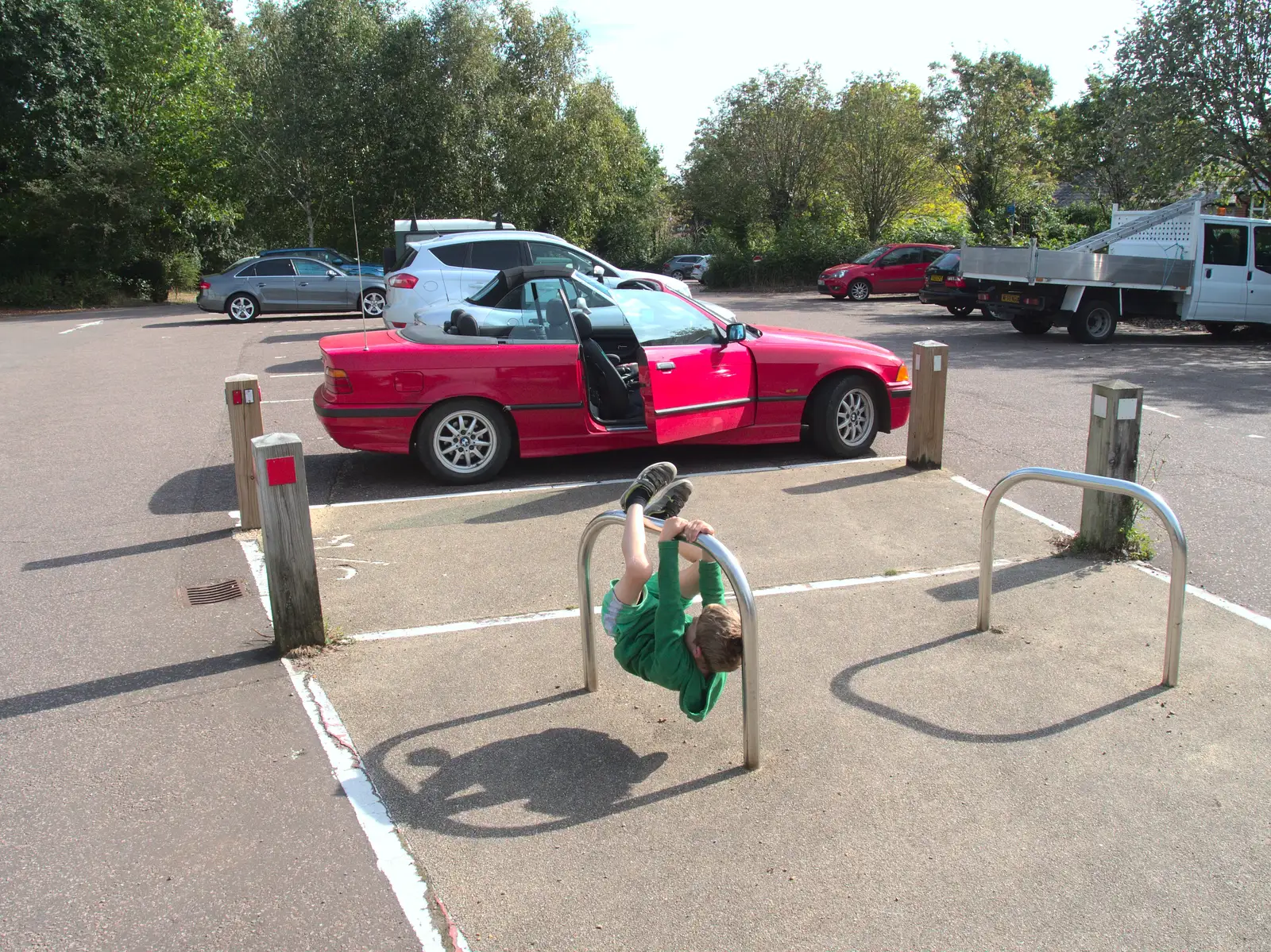 Fred hangs on a cycle rack, from Fred's Birthday Bicycle at Madgett's, Diss, Norfolk - 23rd September 2016