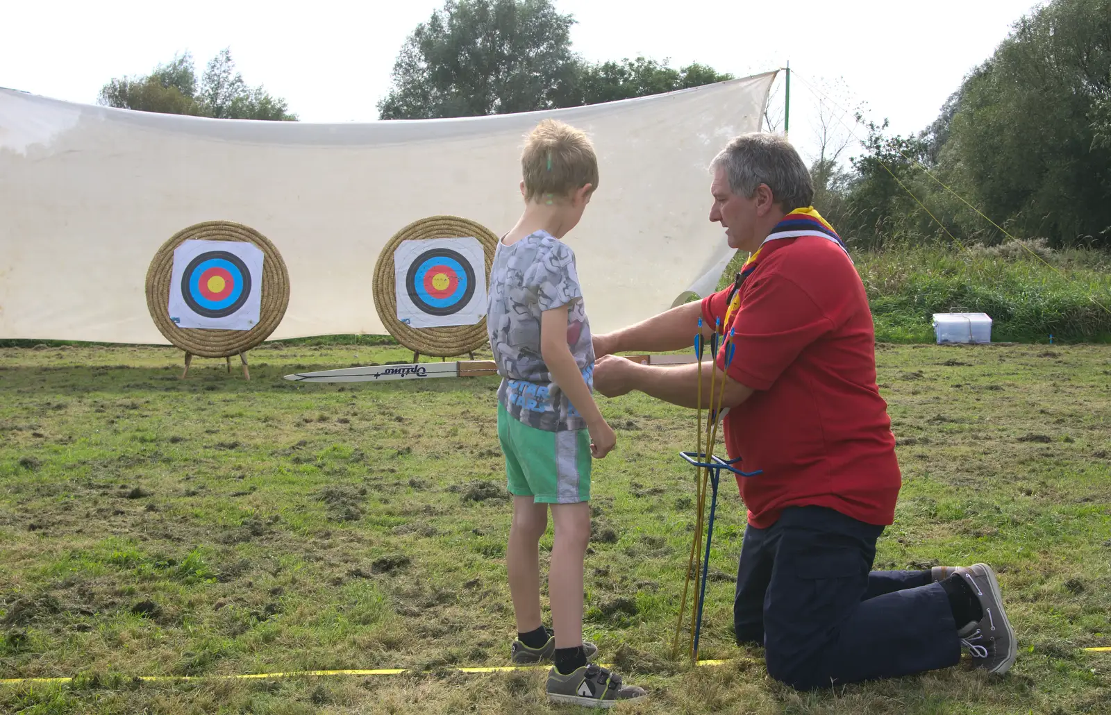 Fred does some archery, from The Eye Scouts Duck Race, The Pennings, Eye, Suffolk - 24th September 2016