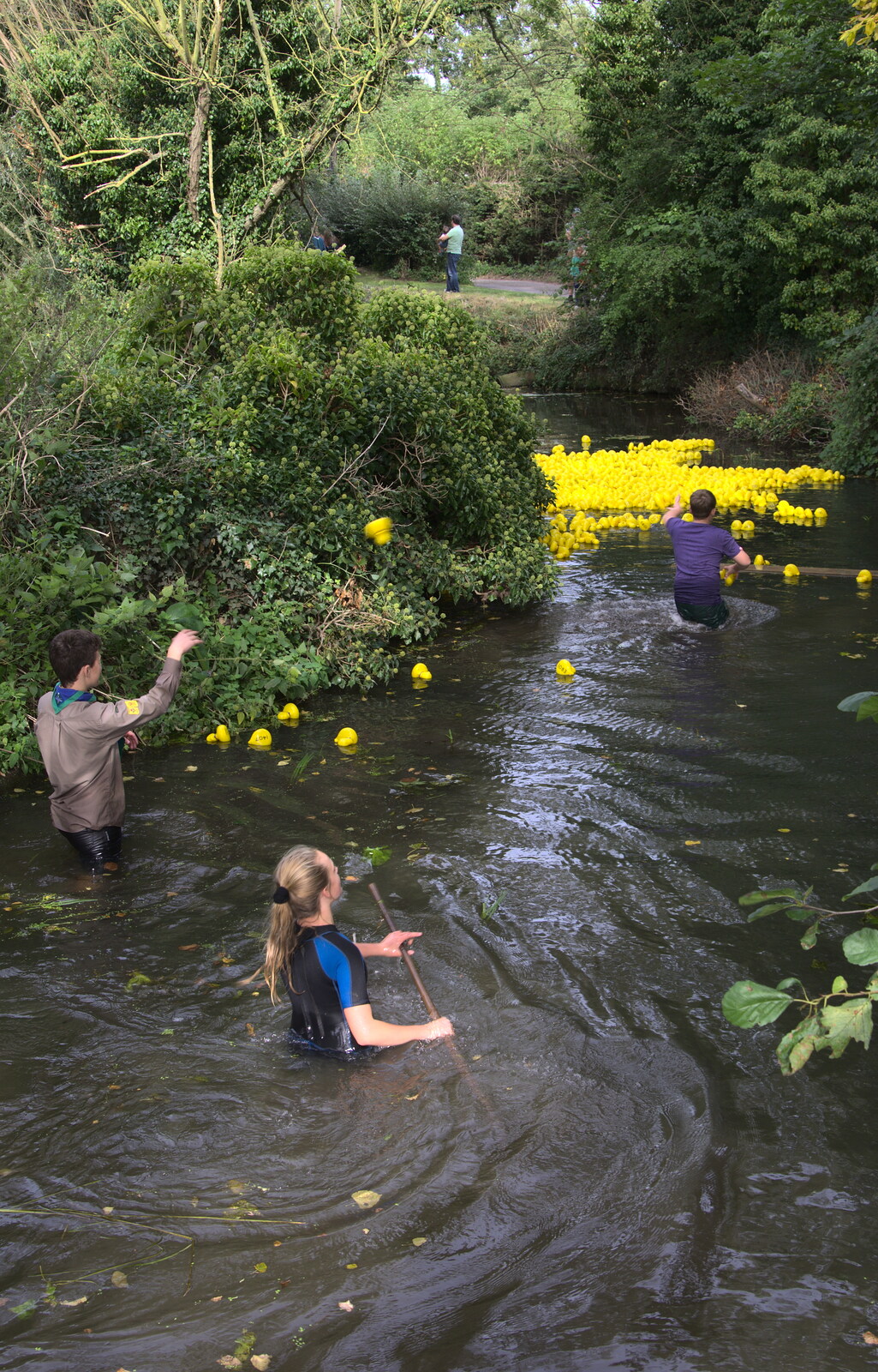 Some stragglers are lobbed up the river from The Eye Scouts Duck Race, The Pennings, Eye, Suffolk - 24th September 2016