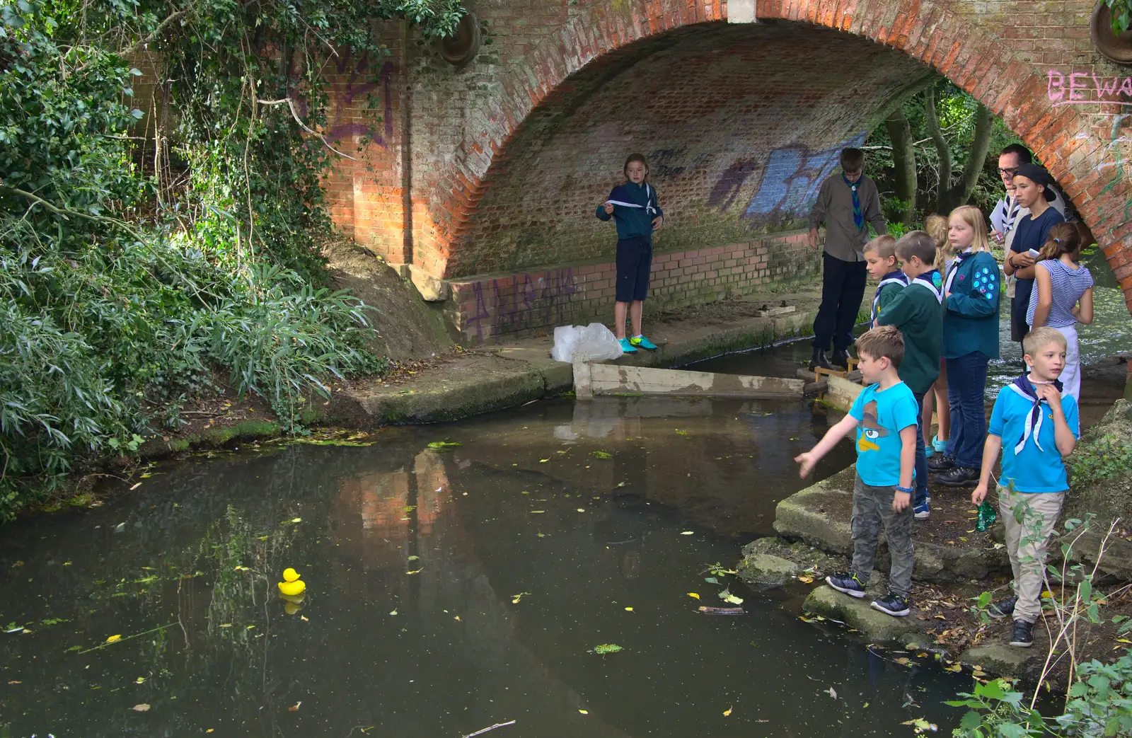 The winning duck reaches the finish line, from The Eye Scouts Duck Race, The Pennings, Eye, Suffolk - 24th September 2016