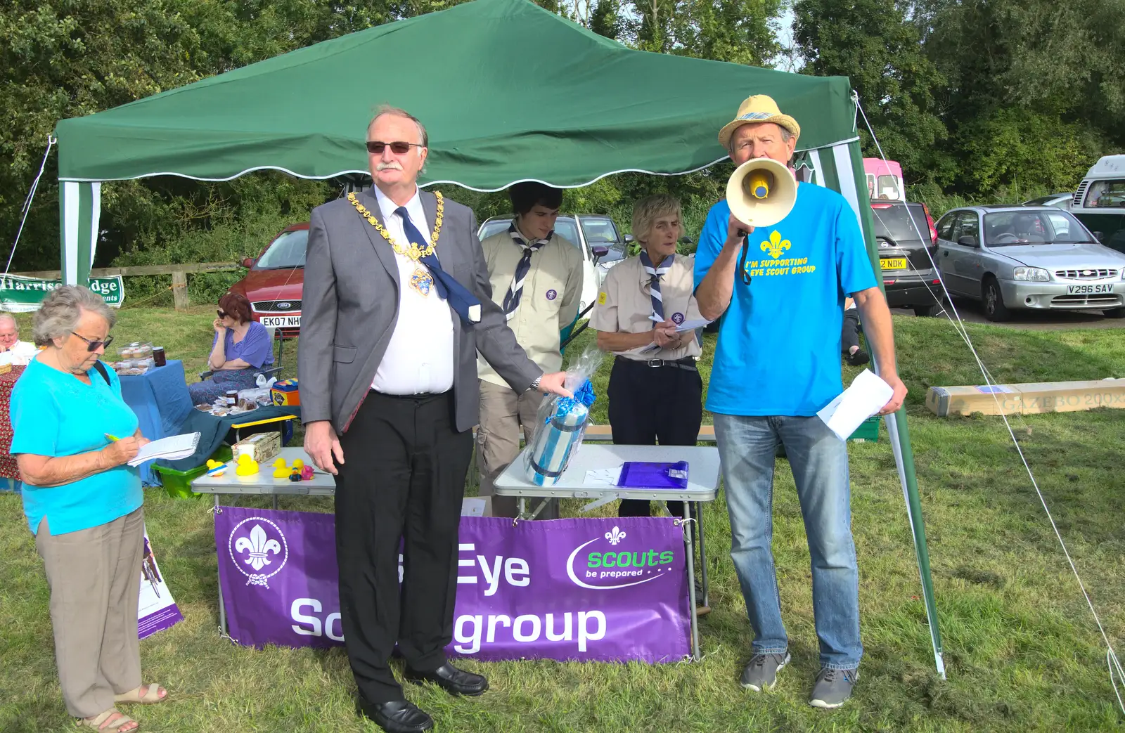 Merlin's on a loudhailer, from The Eye Scouts Duck Race, The Pennings, Eye, Suffolk - 24th September 2016