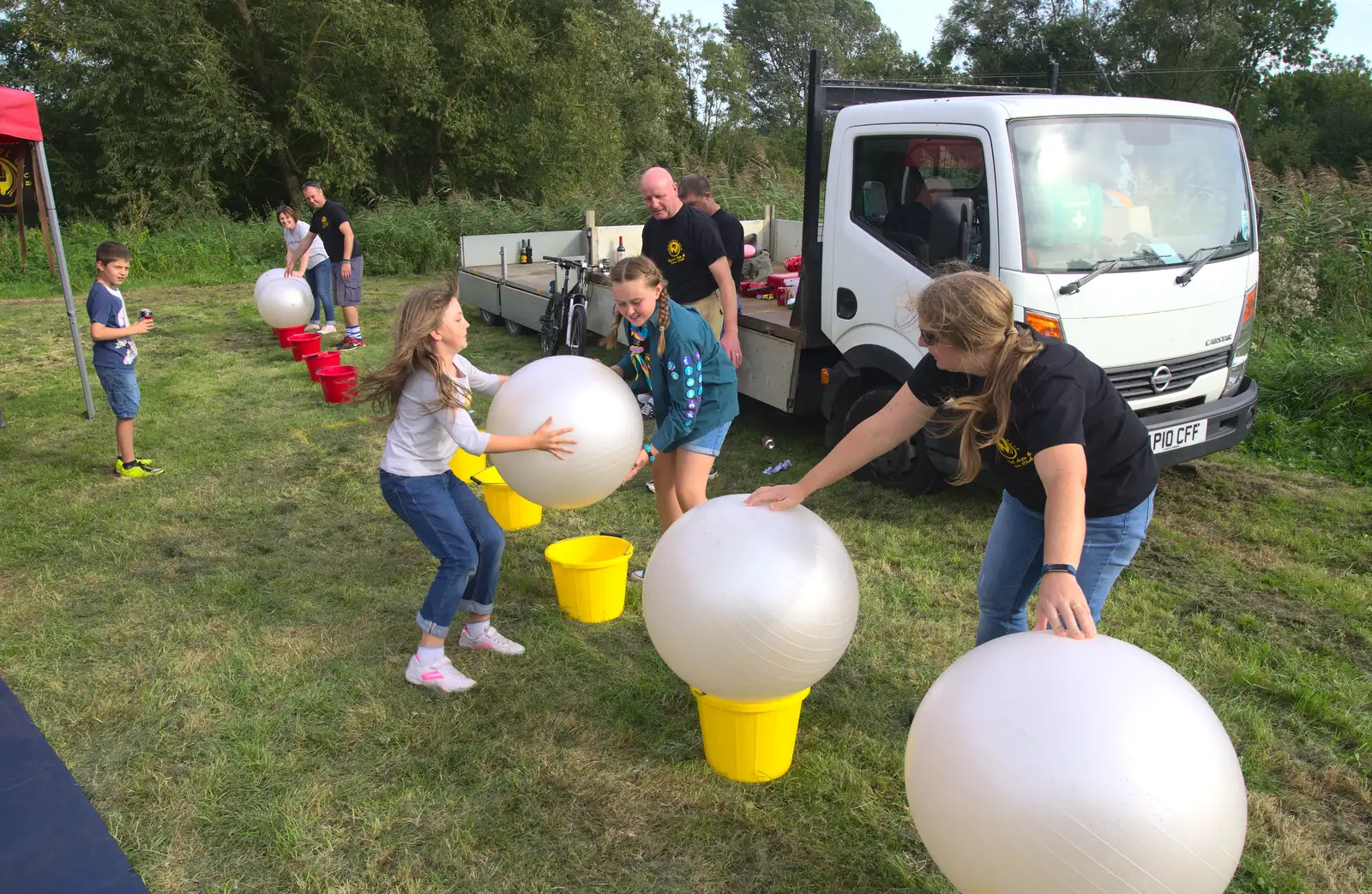 A ball game occurs on the Eye Karate stall, from The Eye Scouts Duck Race, The Pennings, Eye, Suffolk - 24th September 2016