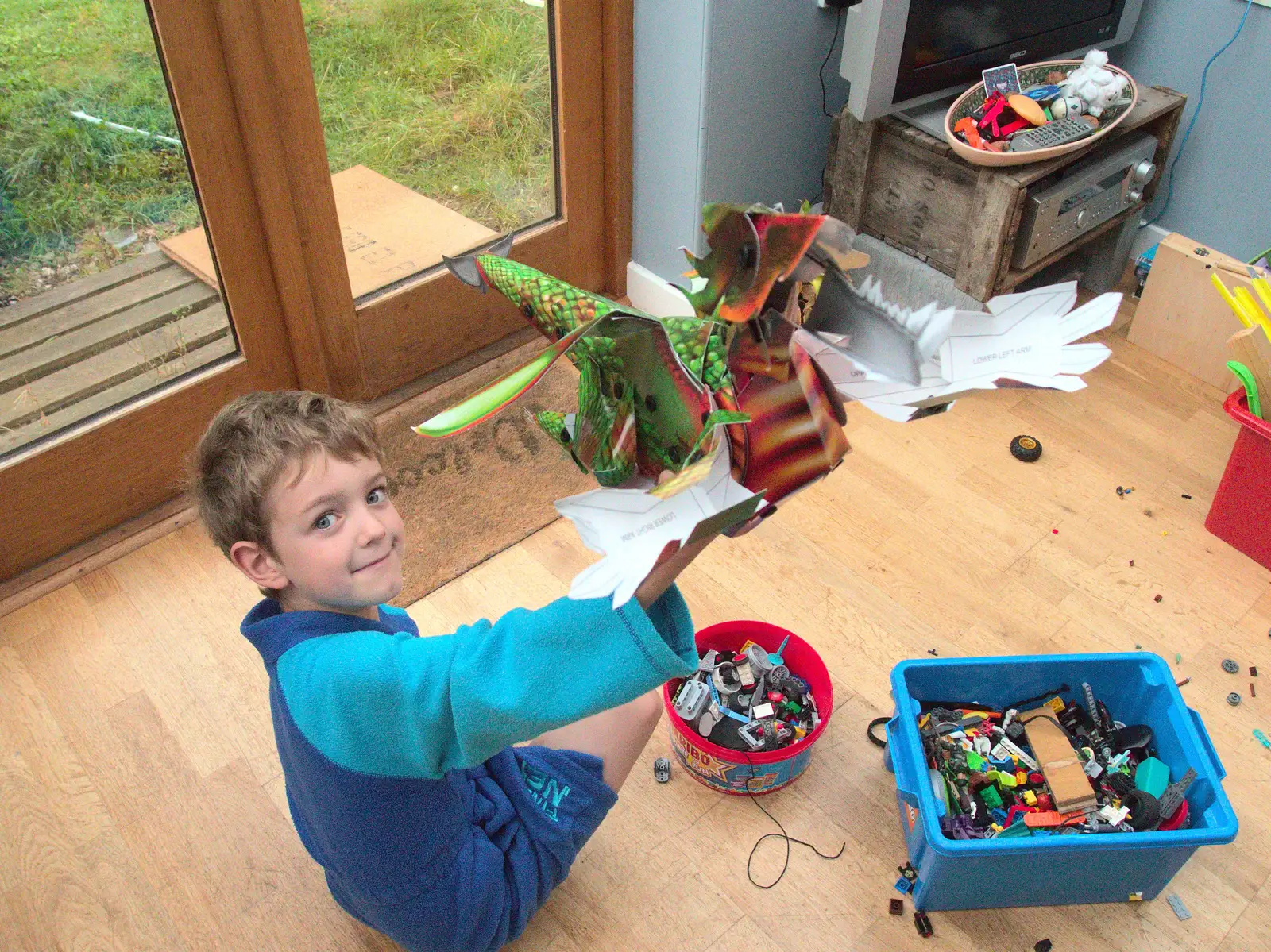 Fred holds up his dragon, from An October Miscellany, Suffolk - 8th October 2016