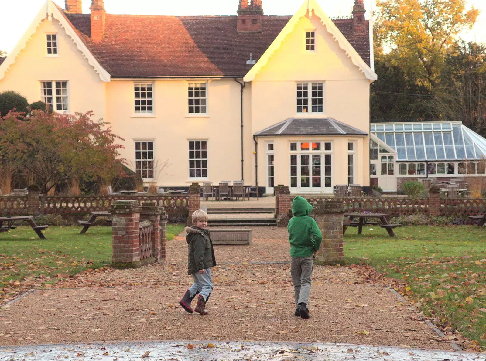 Harry and Fred outside the Oaksmere, from Apples and Electromagnets, Norfolk and Suffolk - 6th November 2016