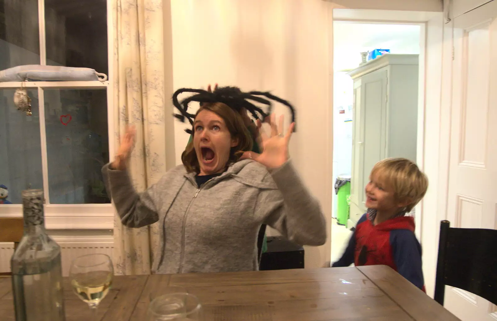 Isobel's got a spider stuck to her head, from Fondue with the Swiss Massive, Gwydir Street, Cambridge - 19th November 2016