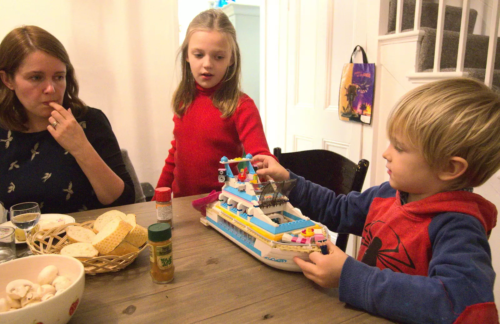 Lucy shows off a massive Lego boat, from Fondue with the Swiss Massive, Gwydir Street, Cambridge - 19th November 2016