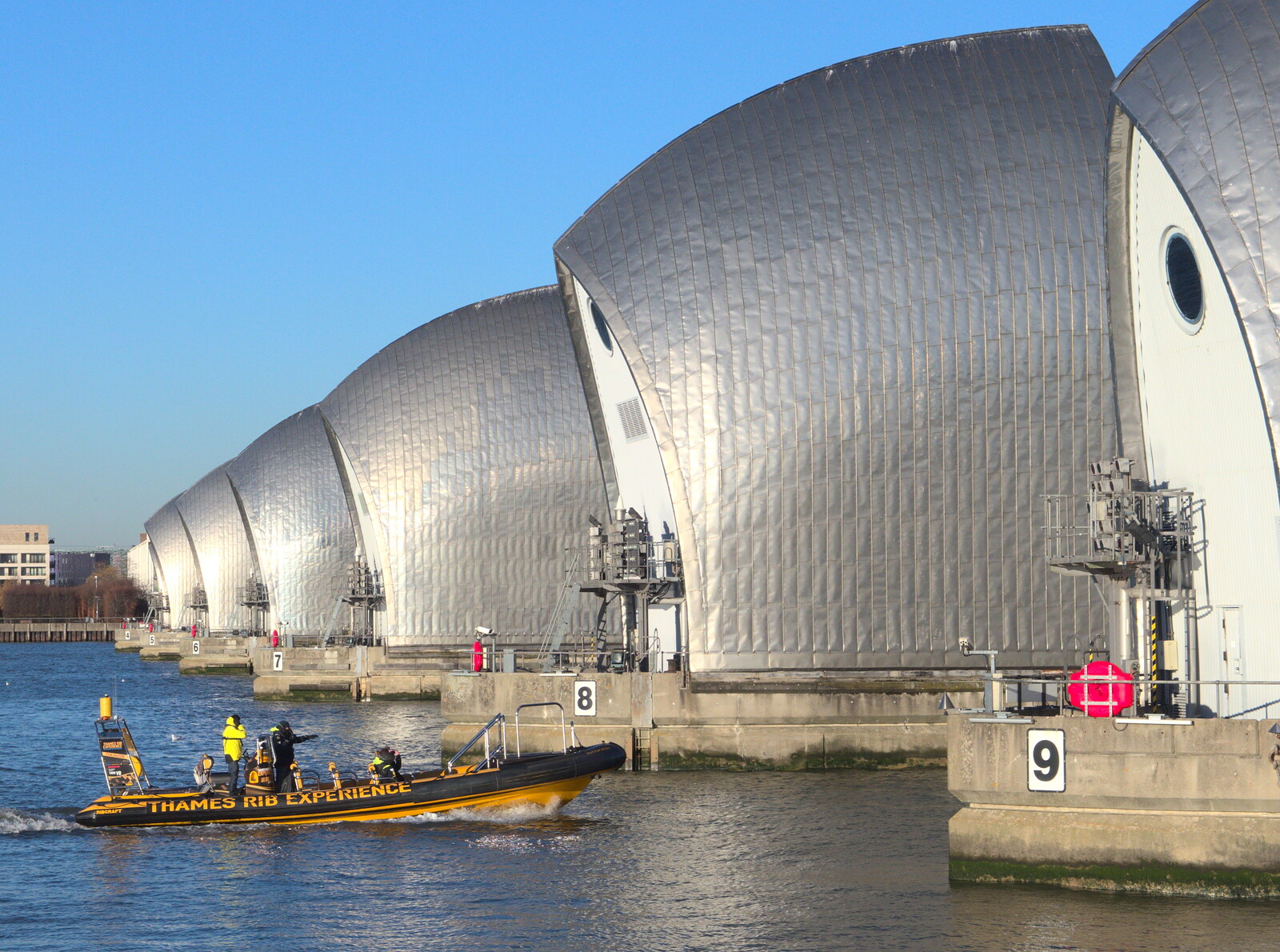 A RIB heads through the Thames Barrier from SwiftKey Does Laser Tag, Charlton and Greenwich, London - 29th November 2016