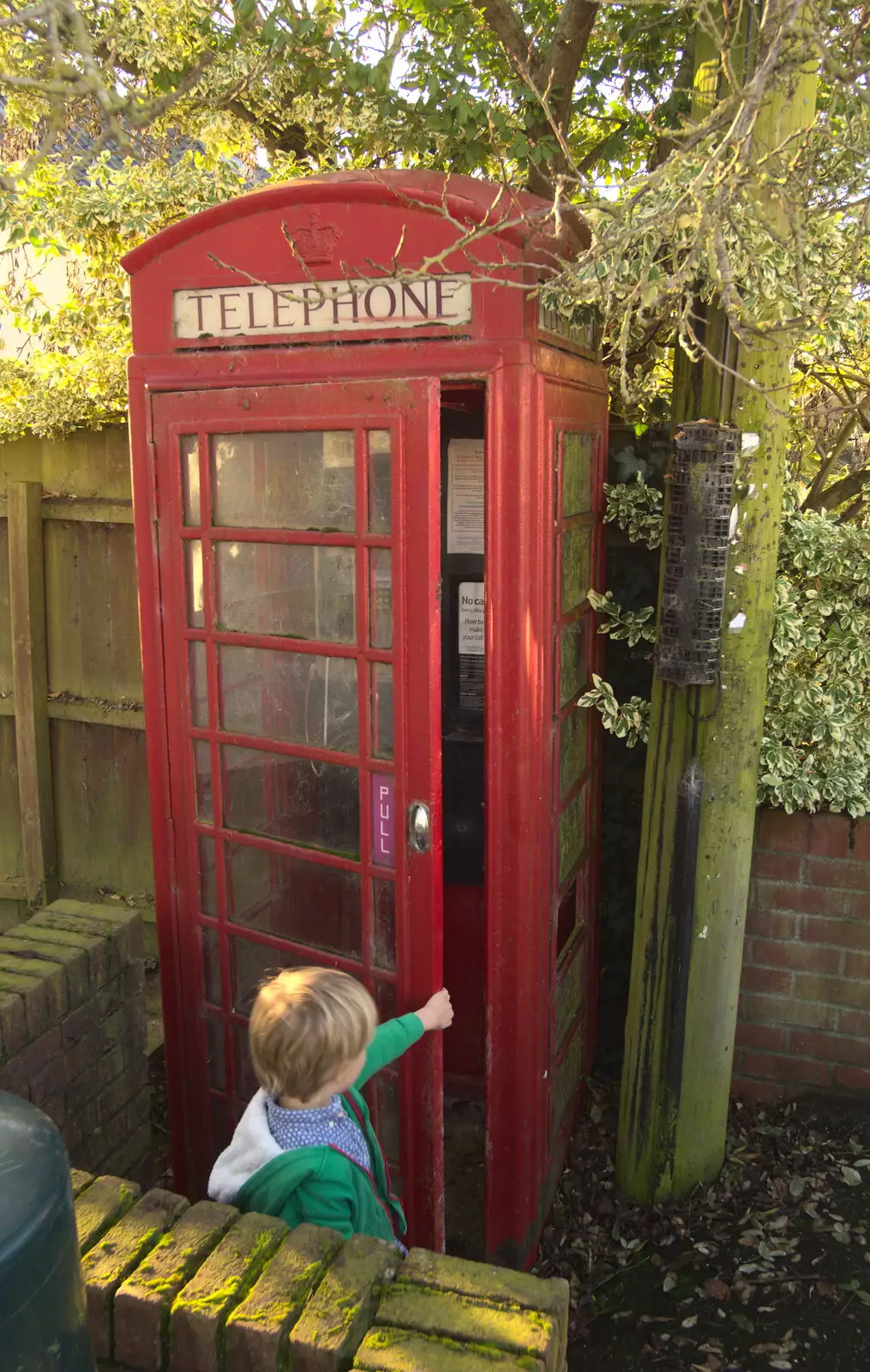 Harry explores a K6 phone box, from Jack's Birthday and New Windows, Brome and Brockdish, Norfolk - 4th December 2016