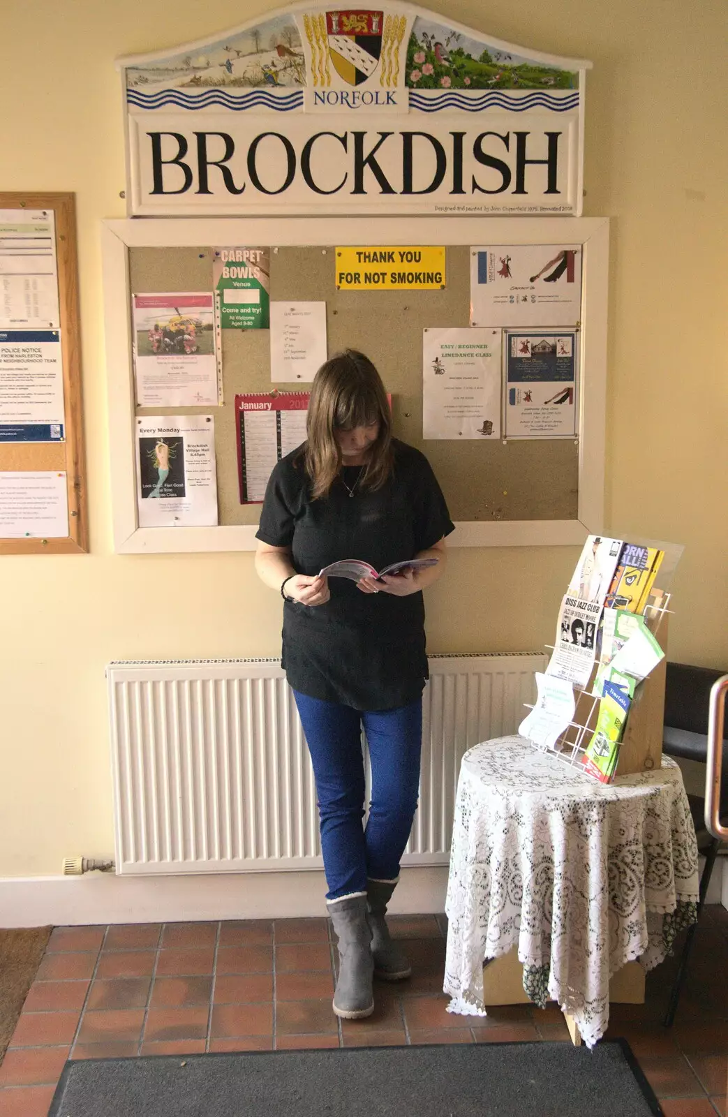 Jackie hangs around under a Brockdish sign, from Jack's Birthday and New Windows, Brome and Brockdish, Norfolk - 4th December 2016