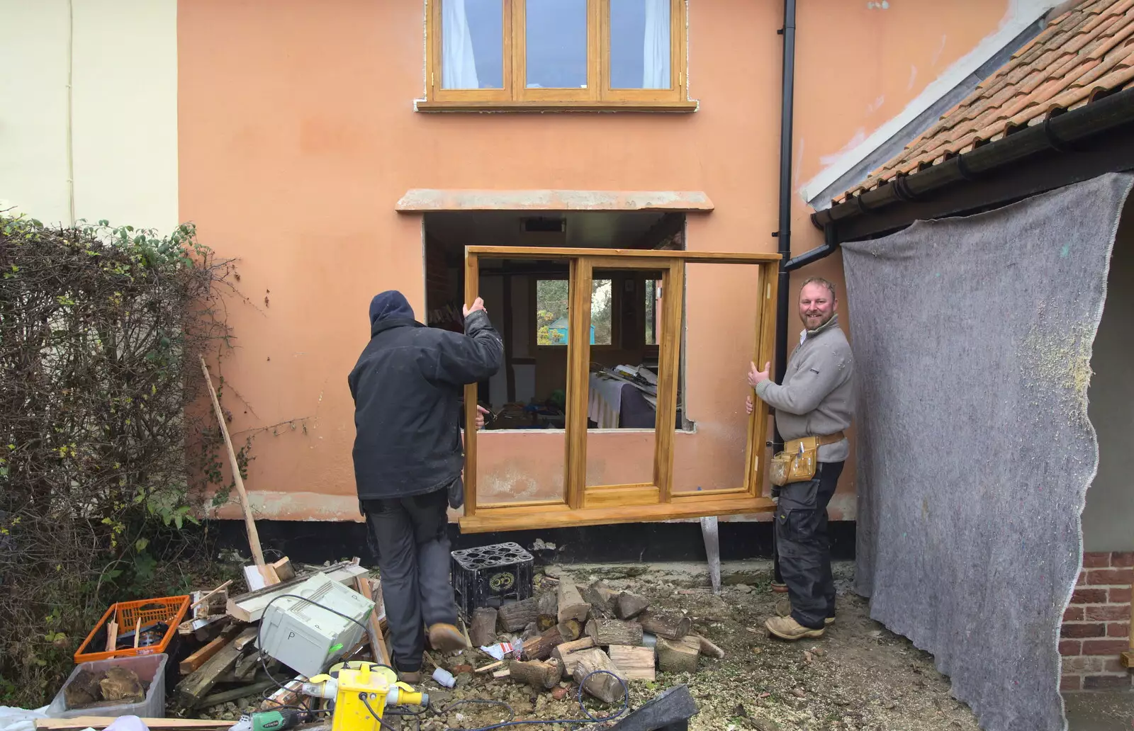 The new window frame goes in, from Jack's Birthday and New Windows, Brome and Brockdish, Norfolk - 4th December 2016