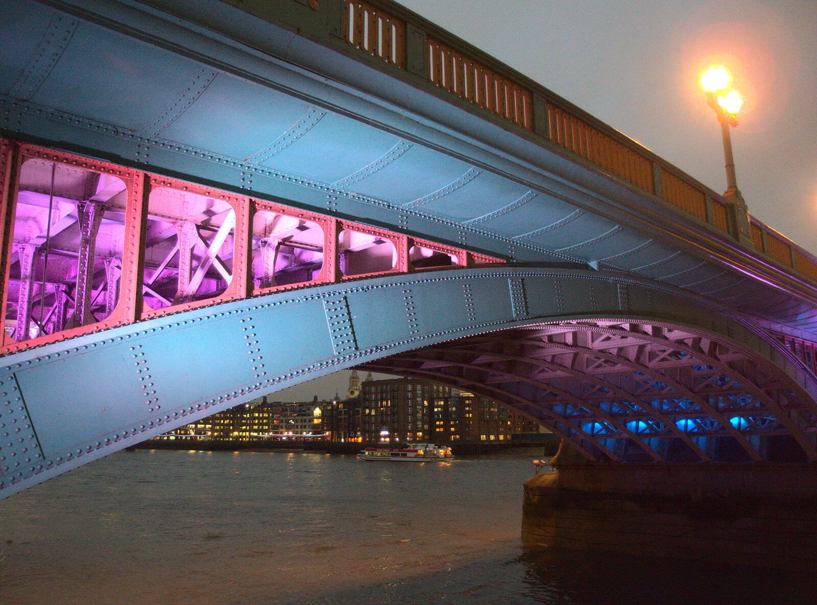 Southwark Bridge lit up in purple and blue from Innovation Week and a Walk Around the South Bank, Southwark - 8th December 2016