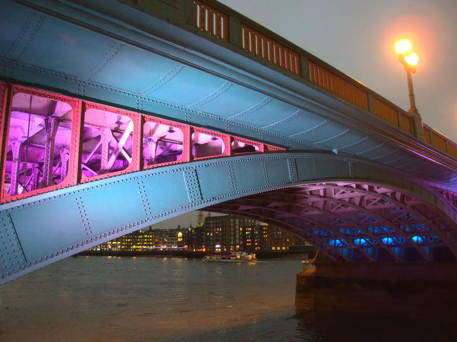 Southwark Bridge lit up in purple and blue, from Innovation Week and a Walk Around the South Bank, Southwark - 8th December 2016