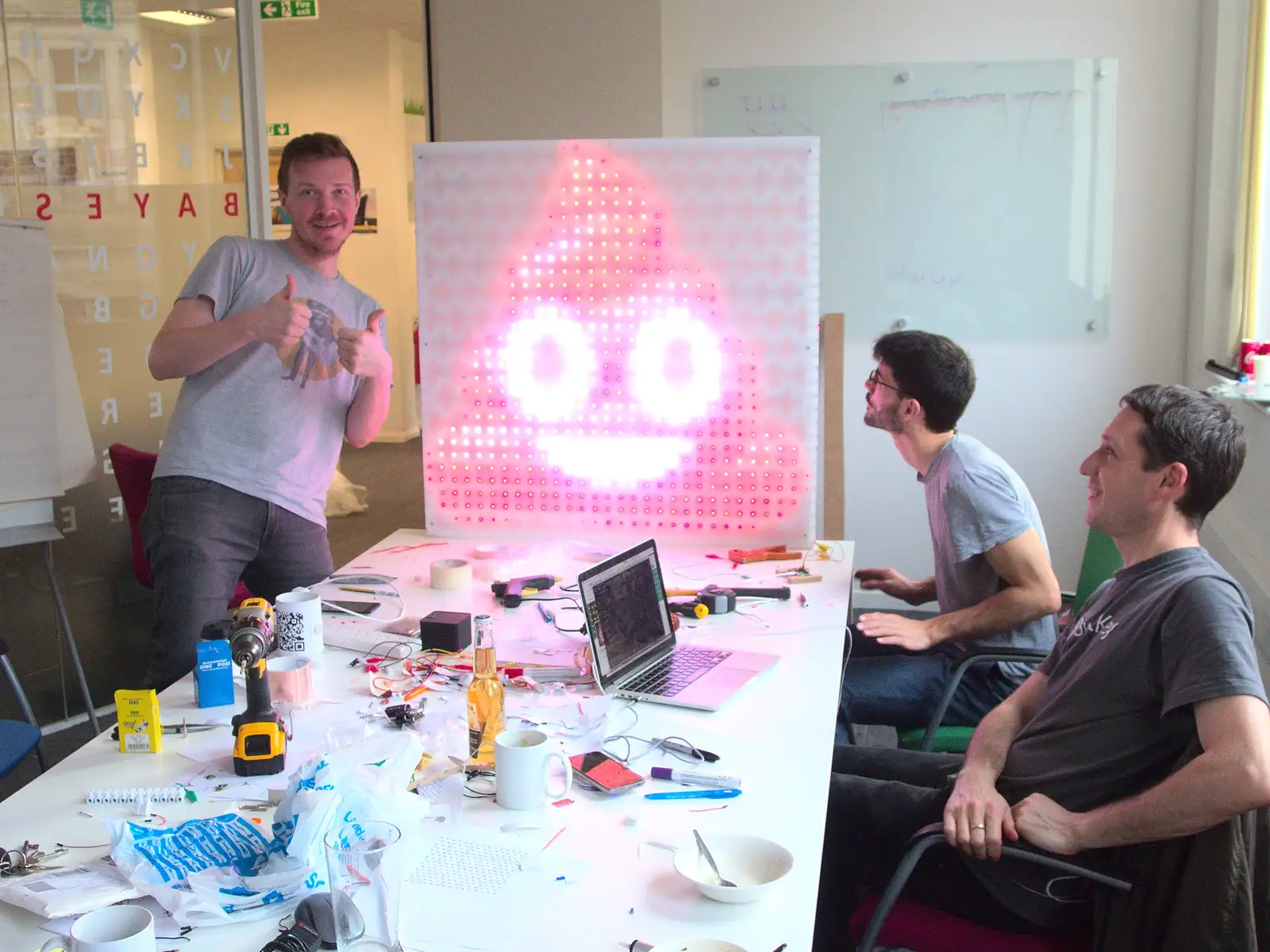 Coffey gives a thumbs-up to an LED poo emoji, from Innovation Week and a Walk Around the South Bank, Southwark - 8th December 2016