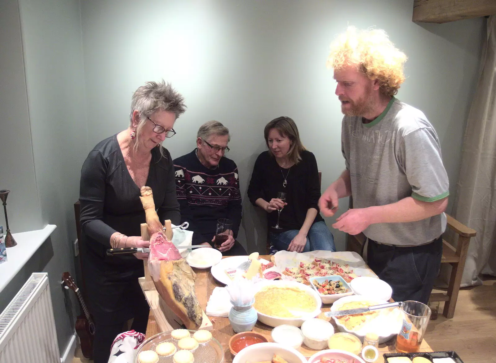 Sandie slices some Serrano ham as Wavy waits, from Parties and Pantomimes, Suffolk and Norfolk - 14th December 2016