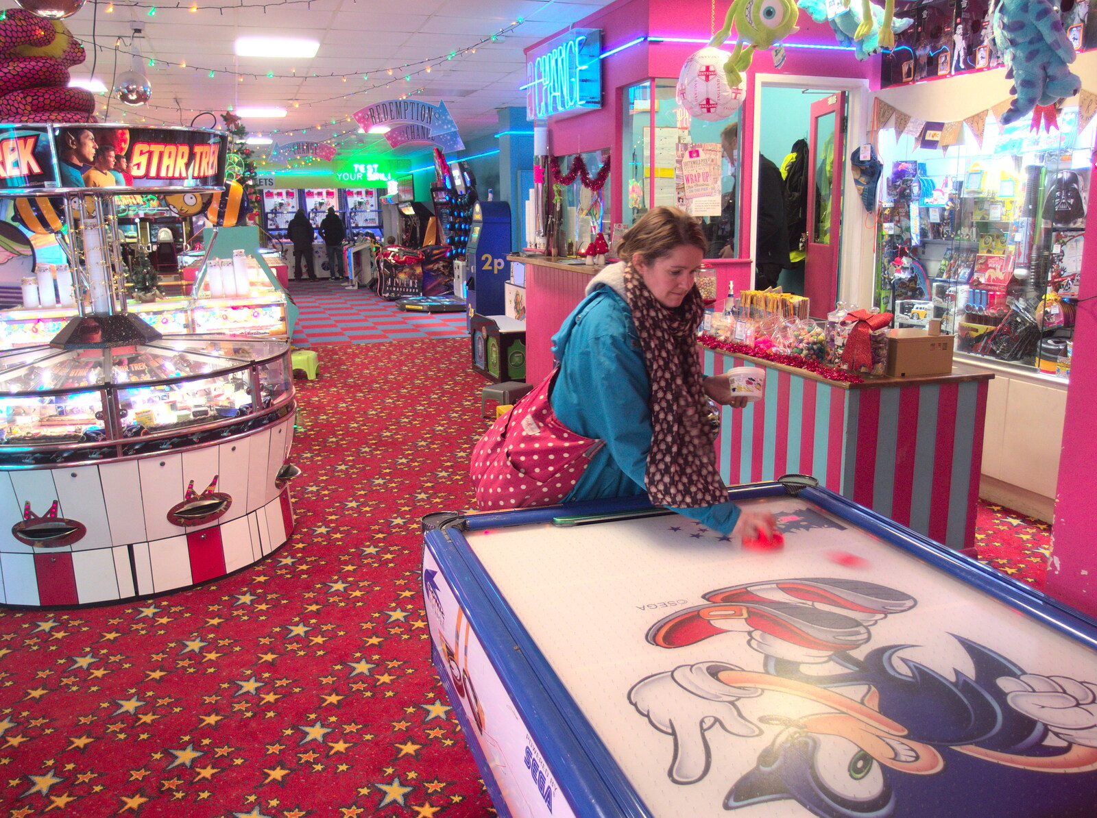 Isobel does one-handed Air Hockey from Southwold Seaside Pier, Southwold, Suffolk - 18th December 2016
