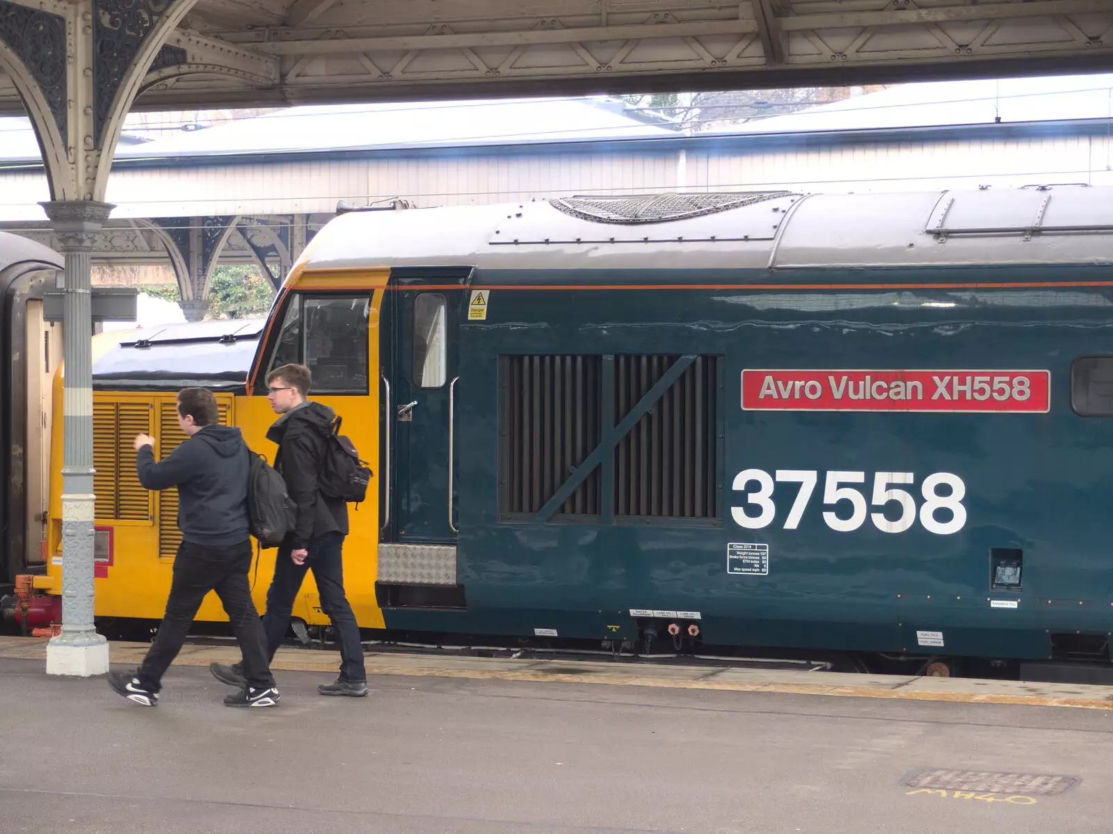 37558 is named after the last flying Vulcan, from Norwich Station and the Light Tunnel, Norwich, Norfolk  - 21st December 2016