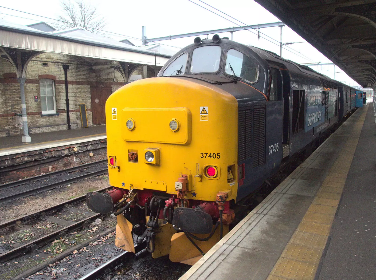 There's another Class 37 - 37405 - on platform 4, from Norwich Station and the Light Tunnel, Norwich, Norfolk  - 21st December 2016