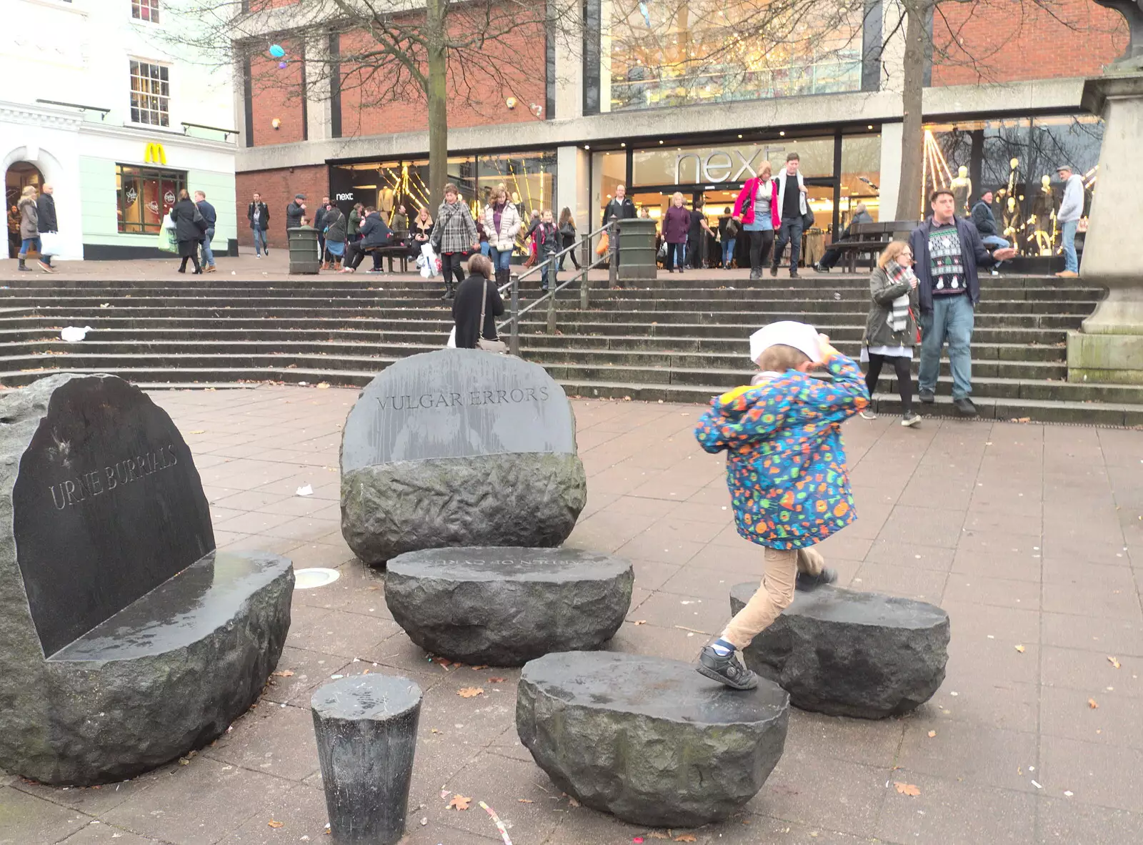 Harry runs around on the granite sculptures, from Norwich Station and the Light Tunnel, Norwich, Norfolk  - 21st December 2016