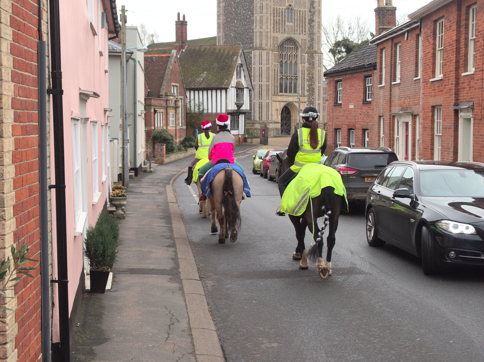 Christmassy horses trot up Church Street in Eye from Christmas and All That, Brome, Suffolk - 25th December 2016