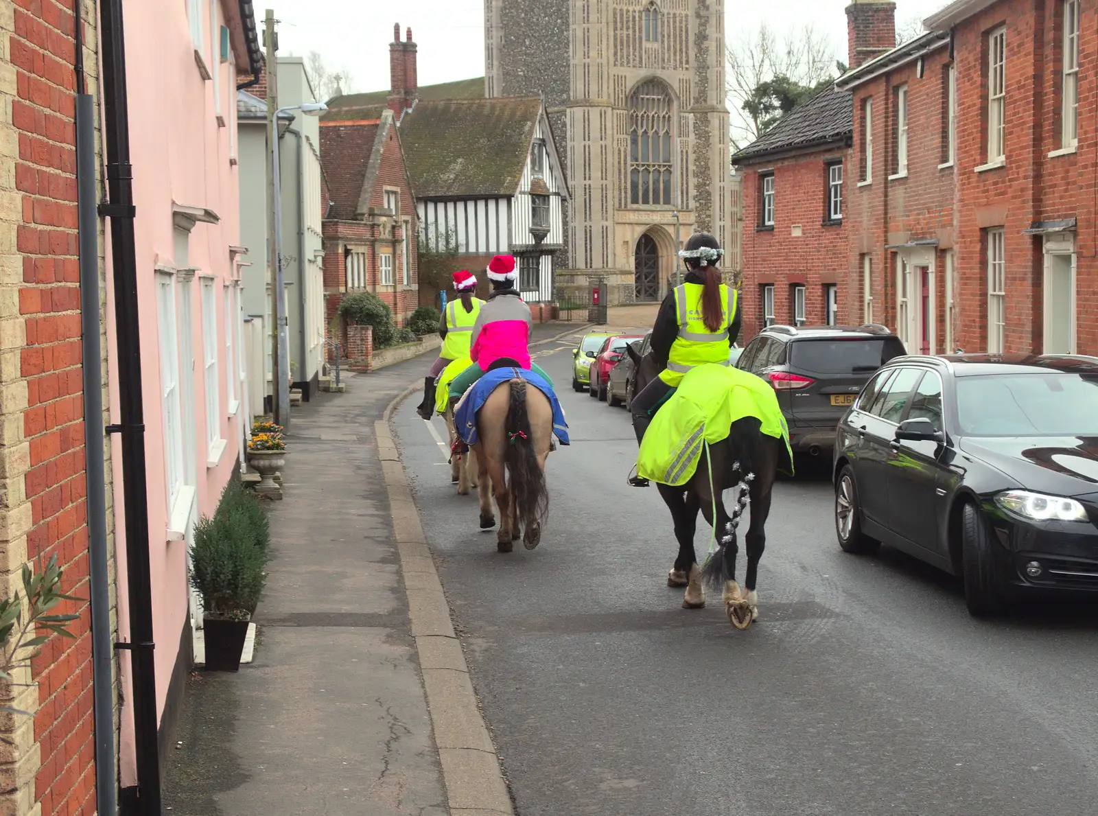 Christmassy horses trot up Church Street in Eye, from Christmas and All That, Brome, Suffolk - 25th December 2016