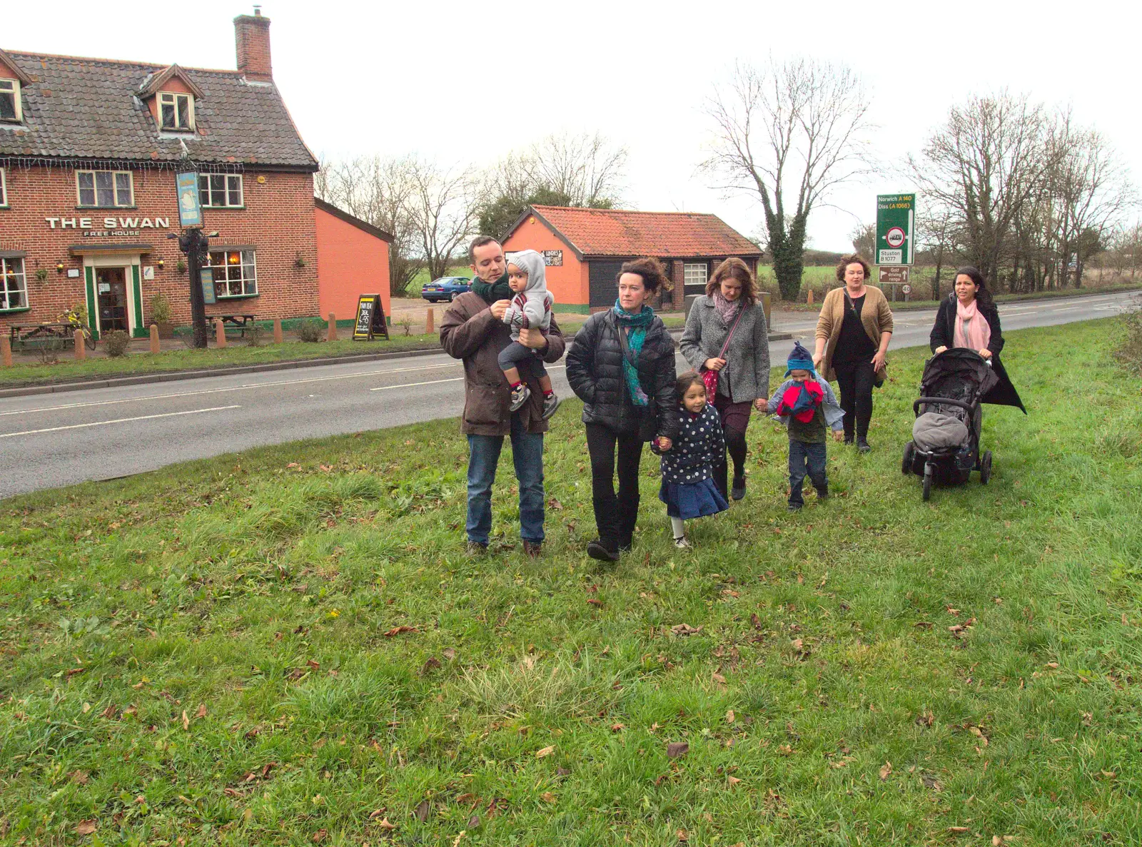 The gang cross the A140, from Christmas and All That, Brome, Suffolk - 25th December 2016