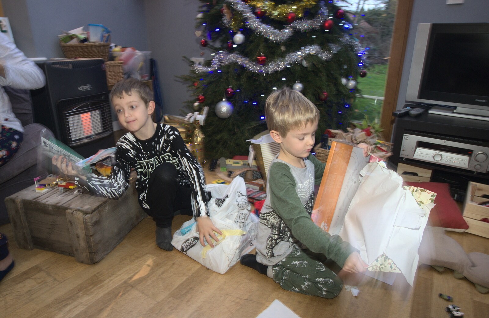 Fred and Harry open stuff from Christmas and All That, Brome, Suffolk - 25th December 2016
