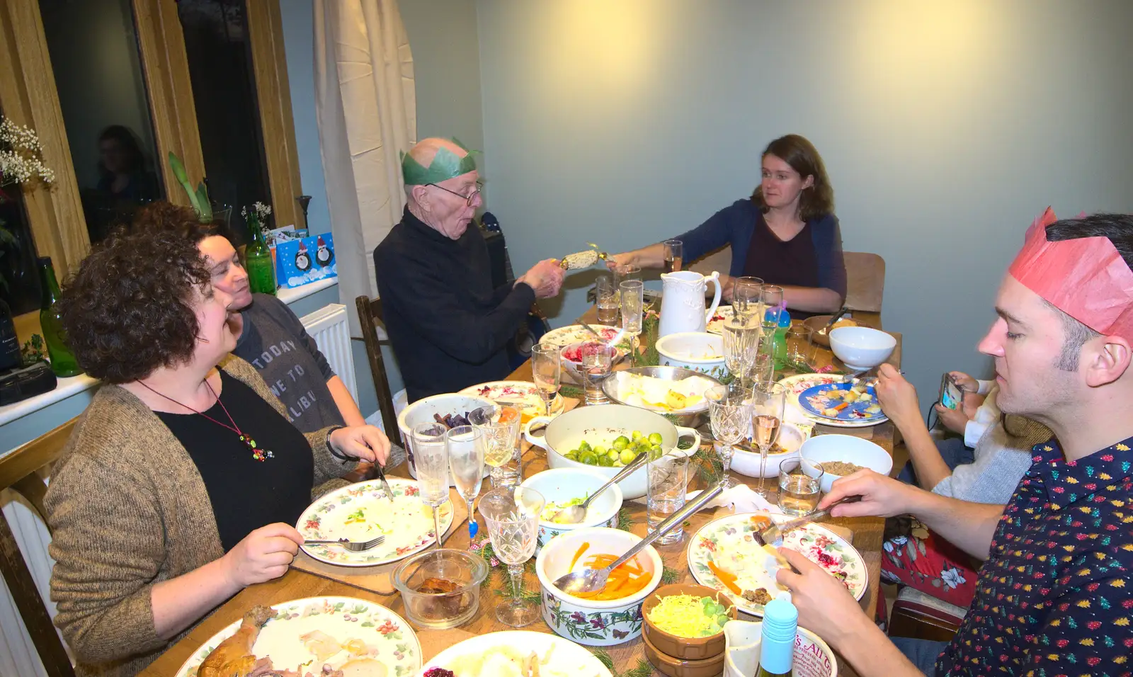 Grandad pulls a cracker, from Christmas and All That, Brome, Suffolk - 25th December 2016