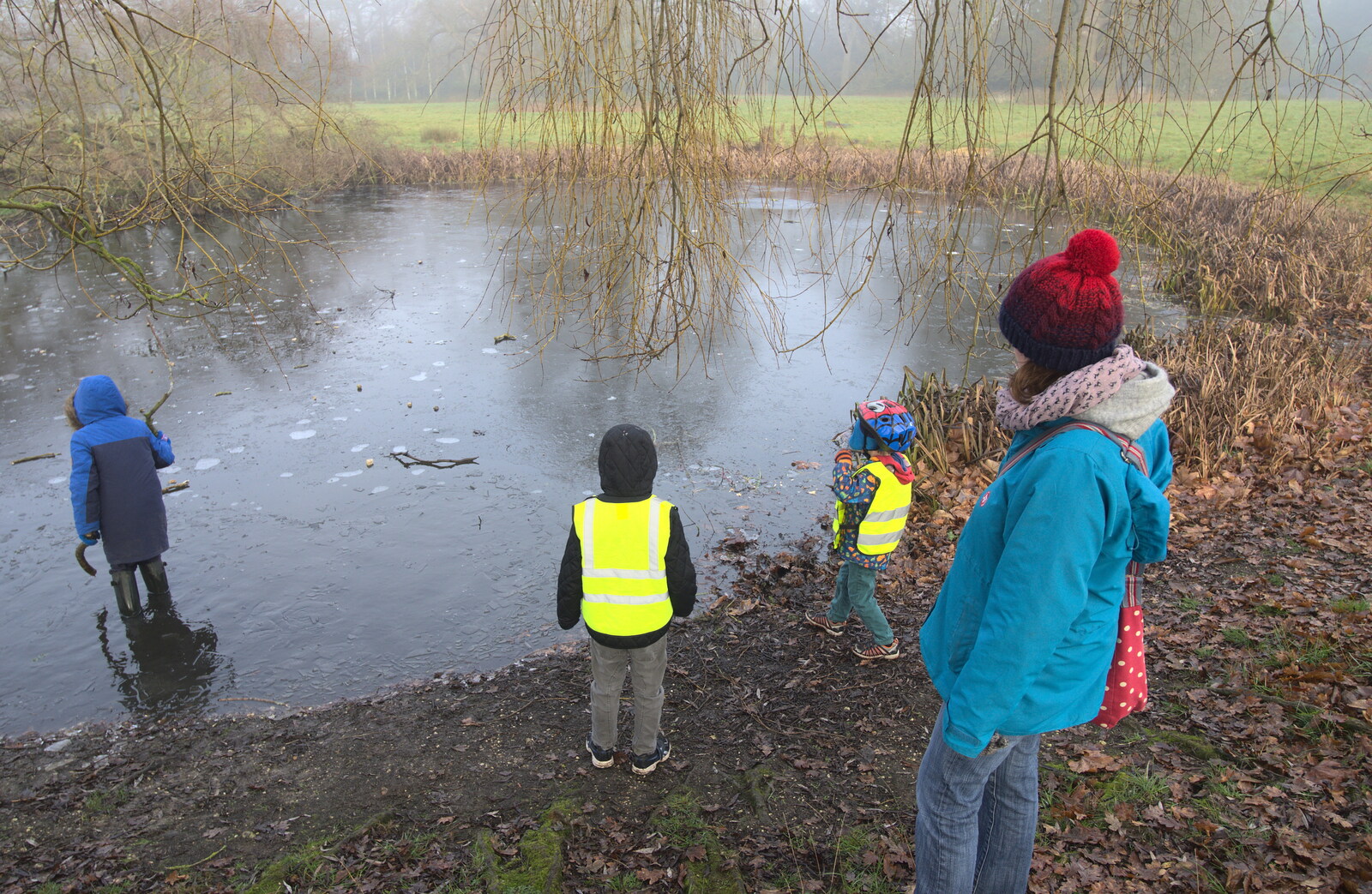We inspect a frozen pond from A Trip to Ickworth House, Horringer, Suffolk - 30th December 2016
