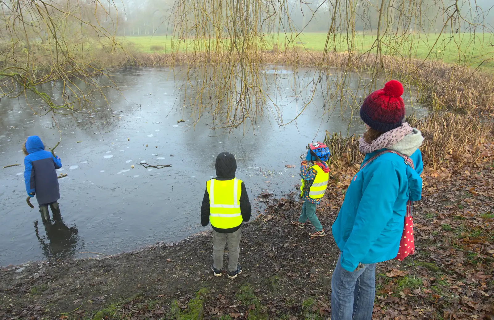 We inspect a frozen pond, from A Trip to Ickworth House, Horringer, Suffolk - 30th December 2016