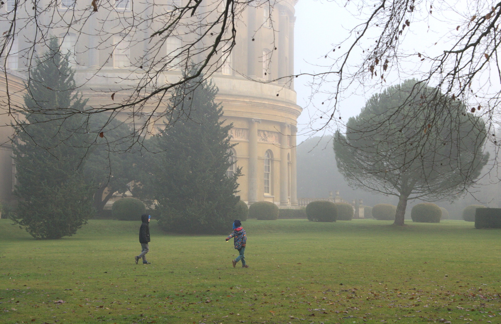 The boys run around in the mist from A Trip to Ickworth House, Horringer, Suffolk - 30th December 2016