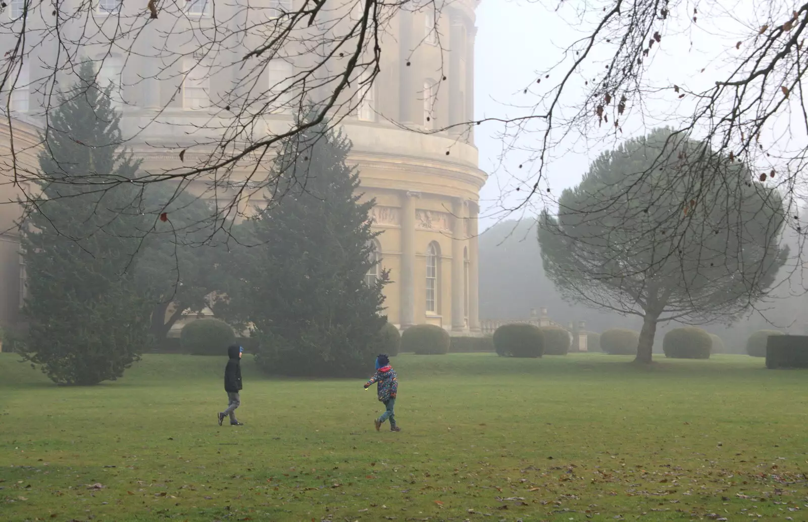 The boys run around in the mist, from A Trip to Ickworth House, Horringer, Suffolk - 30th December 2016