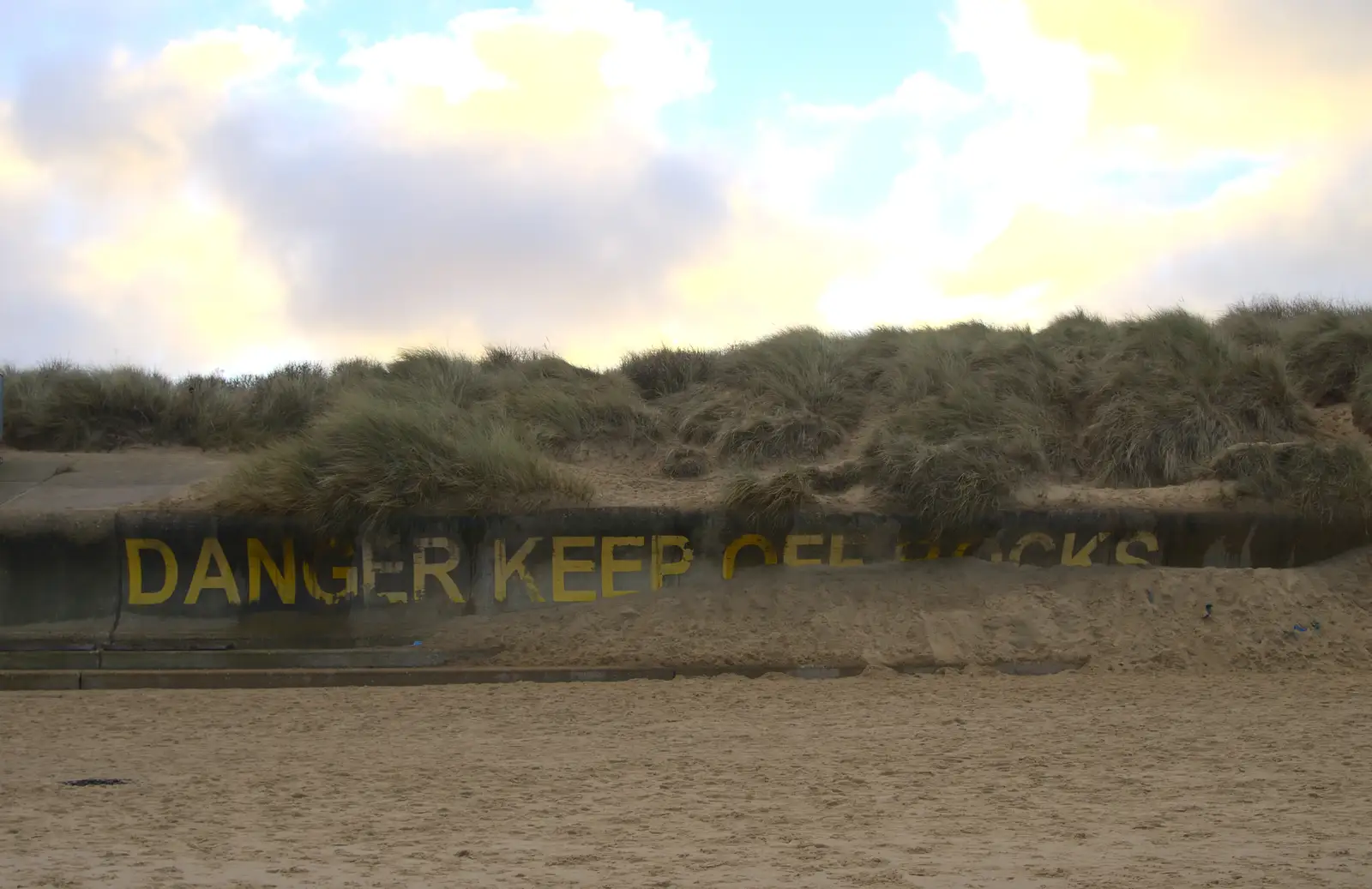 A danger sign is consumed by sand, from Horsey Seals and Sea Palling, Norfolk Coast - 2nd January 2017