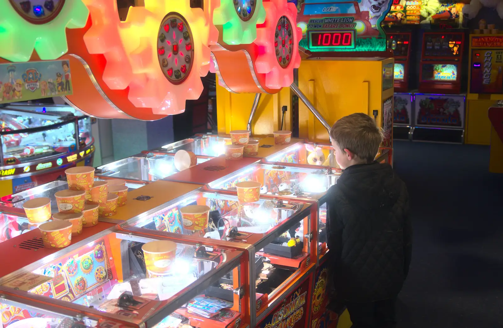 Fred is mesmerised by the 2p slide machines, from Horsey Seals and Sea Palling, Norfolk Coast - 2nd January 2017