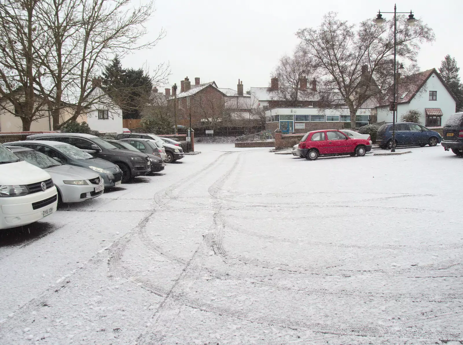 Snow covers the car park near the library, from A Snowy January Miscellany, Eye, Suffolk - 15th January 2017