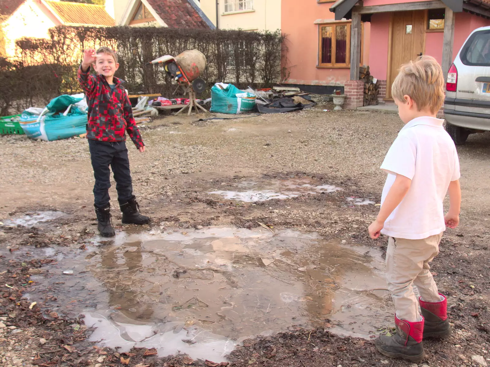 The boys by a frozen puddle, from A Snowy January Miscellany, Eye, Suffolk - 15th January 2017