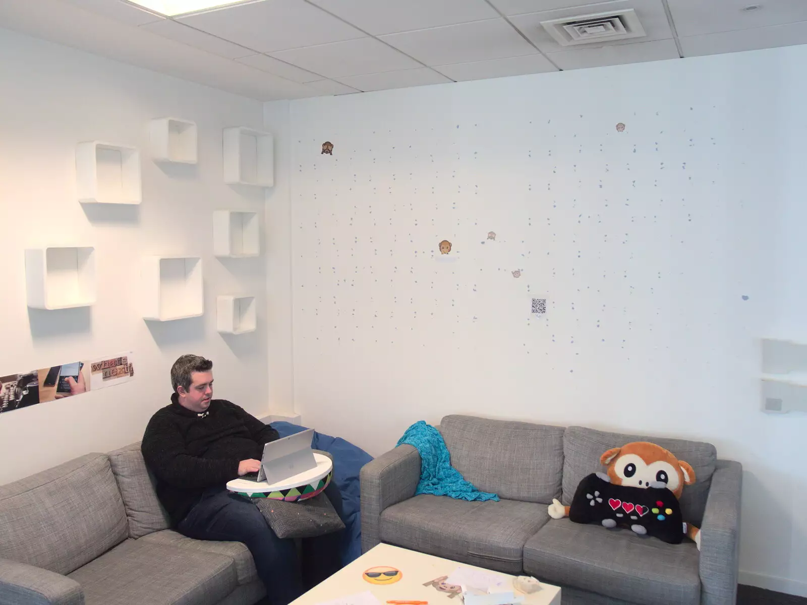 Simon sits by the empty employee photo gallery, from SwiftKey's Last Days in Southwark and a Taxi Protest, London - 18th January 2017