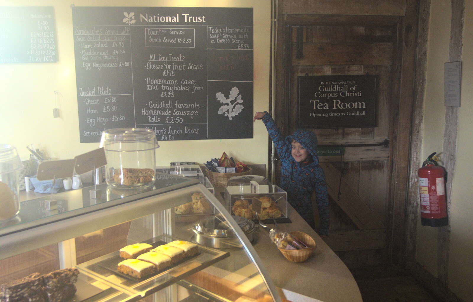 Fred points at something in the NT café from A Day in Lavenham, Suffolk - 22nd January 2017