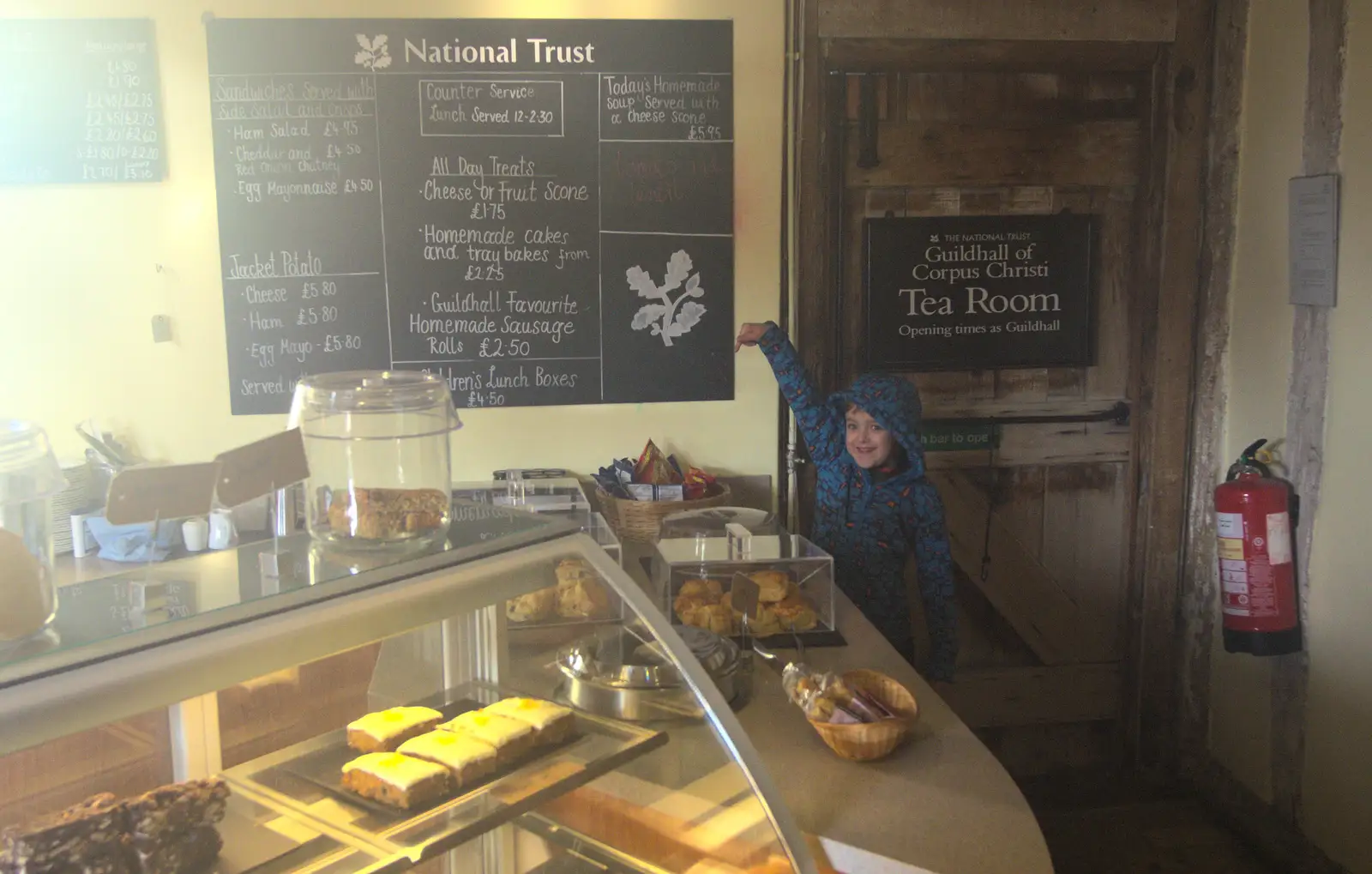 Fred points at something in the NT café, from A Day in Lavenham, Suffolk - 22nd January 2017