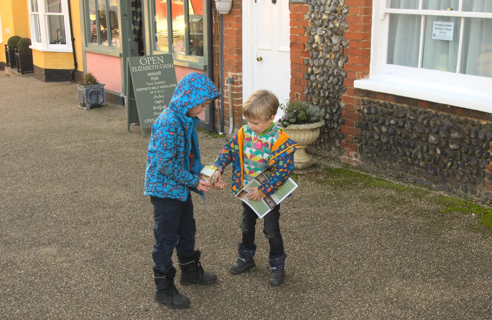 Fred and Harry swap sweets, from A Day in Lavenham, Suffolk - 22nd January 2017