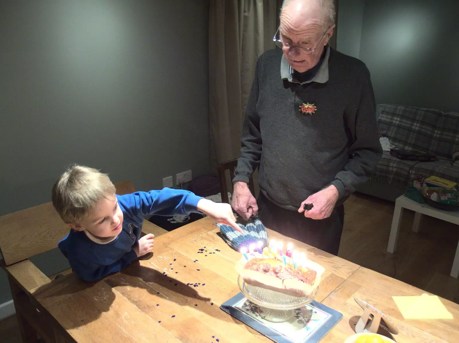 Harry points at Grandad's cake, from Grandad's Fire and SwiftKey Moves Offices, Eye and Paddington - 23rd January 2017