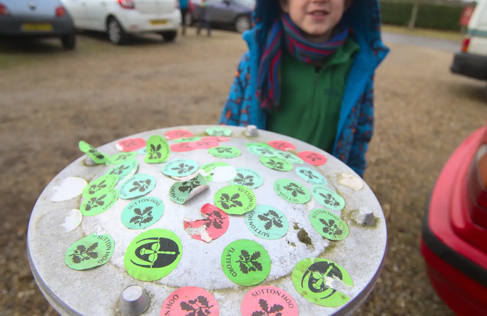 A bollard is covered in stickers, from A Trip to Sutton Hoo, Woodbridge, Suffolk - 29th January 2017