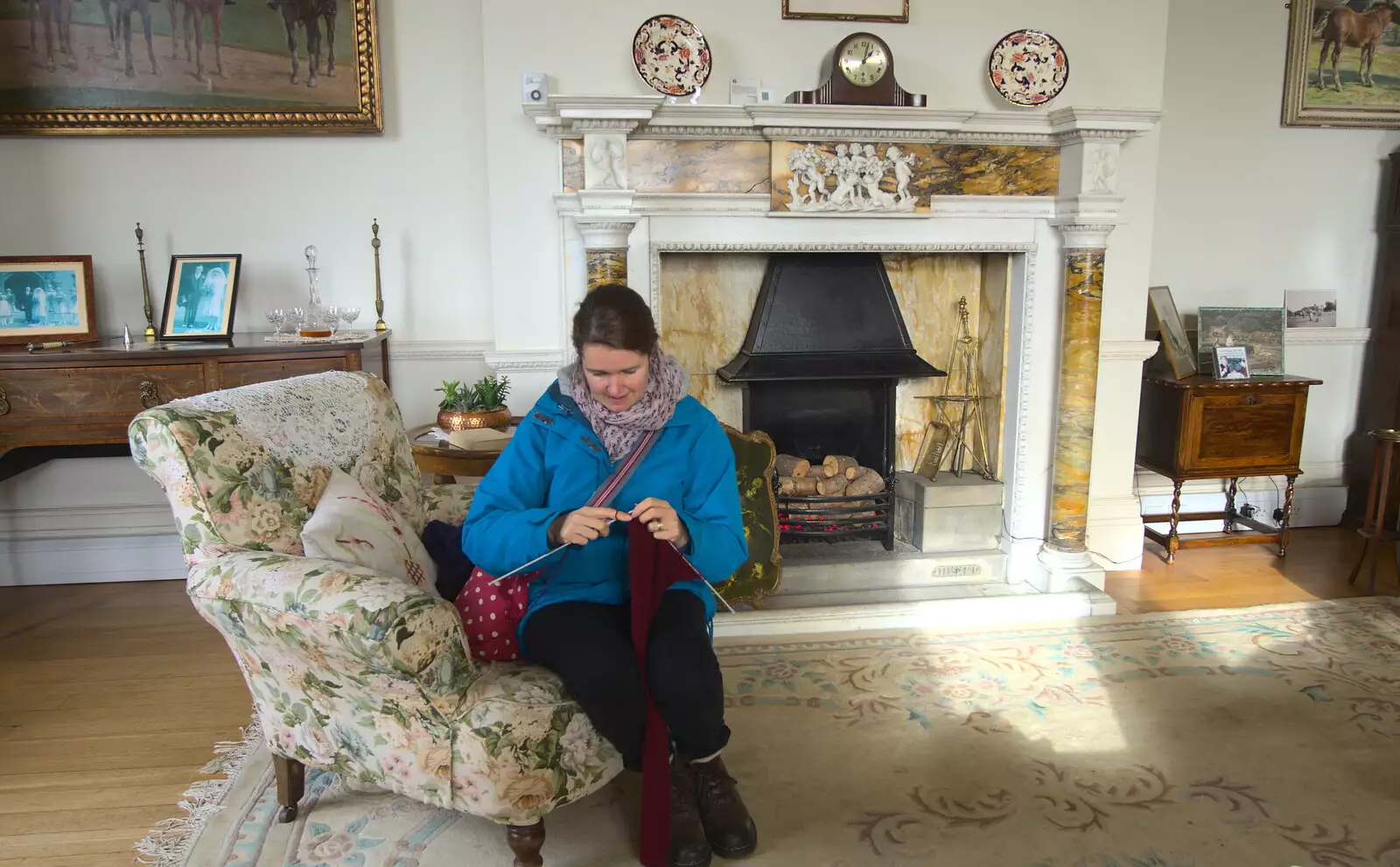 Isobel does a spot of knitting, from A Trip to Sutton Hoo, Woodbridge, Suffolk - 29th January 2017